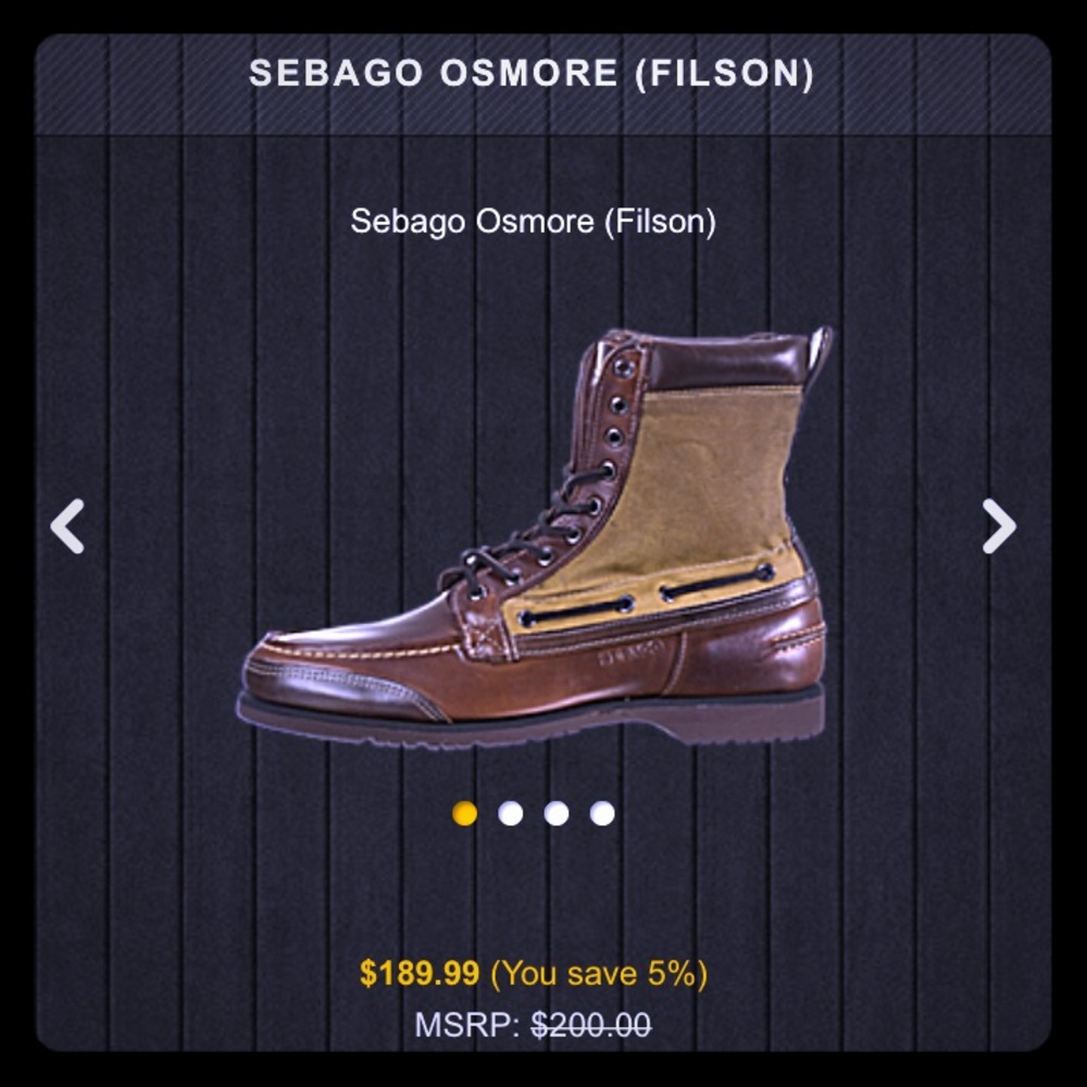 Filson Sebago lace up boots.